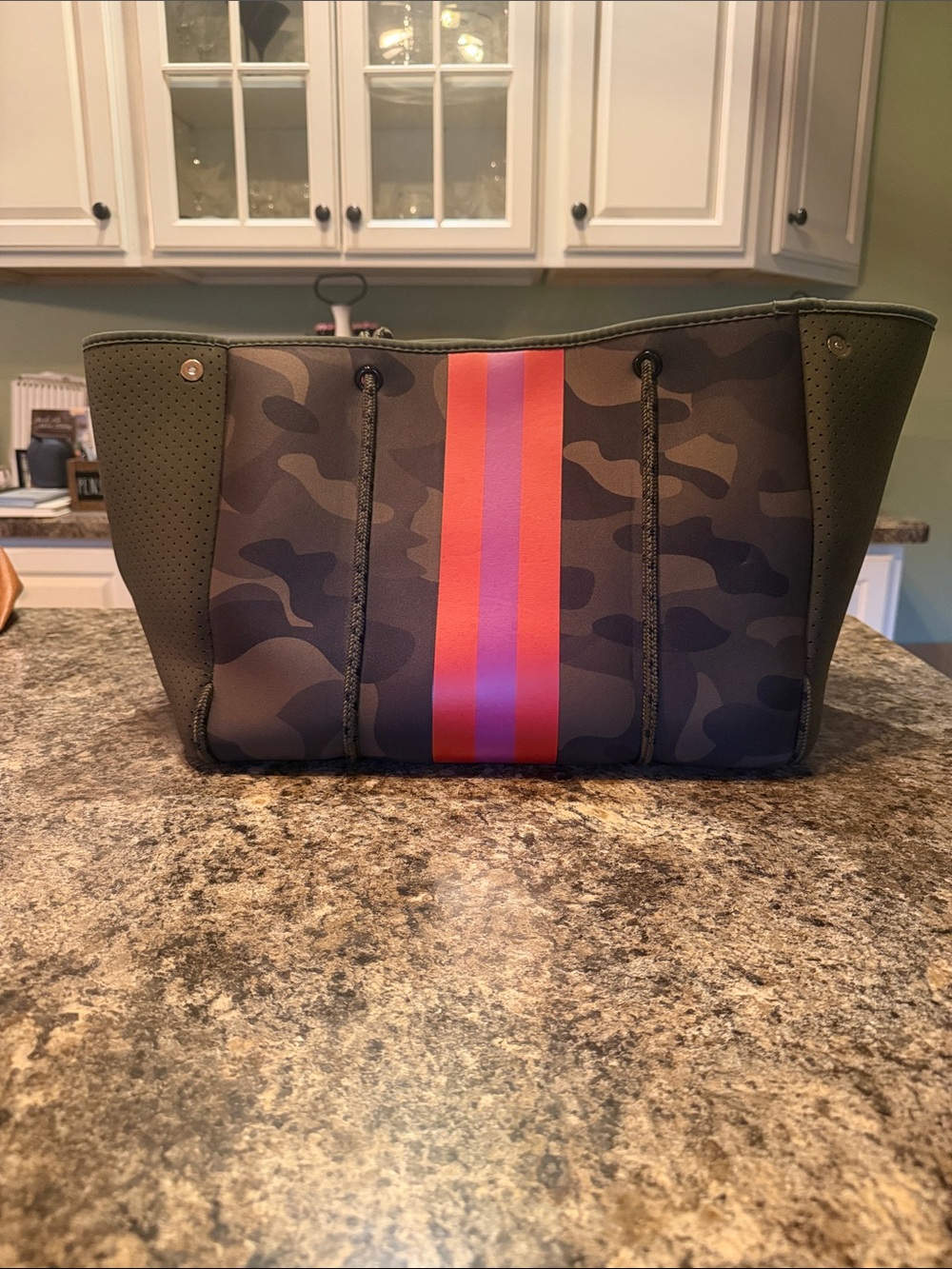 2 Piece Set Camo Neoprene Tote with Orange and Pink Stripe w Matching Crossbody